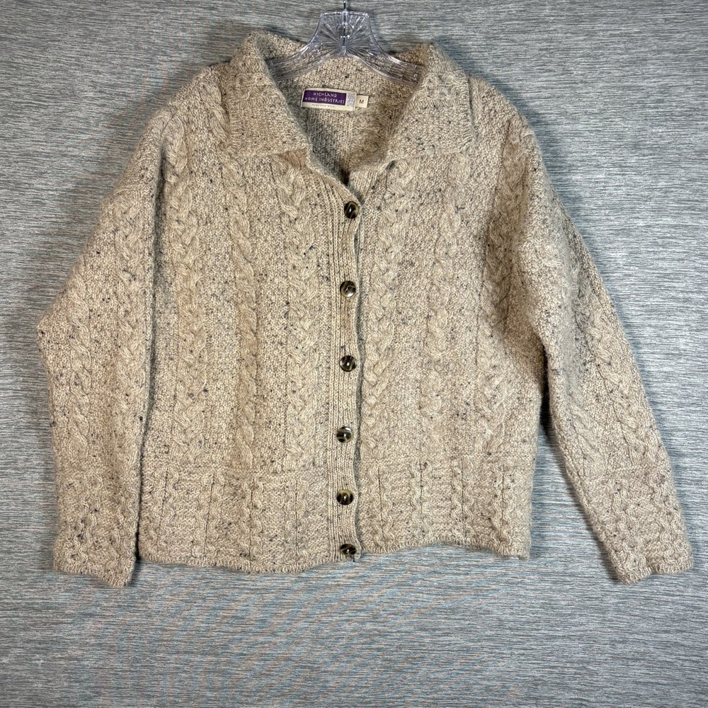 Vintage Highland Home Industries Scotland Pure Wool Aran Knit Sweater Jacket M
